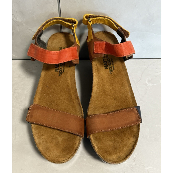 New NAOT Miracle Hawaiian Brown Orange Sunshine Wedge Sandal Womens Size 9 - Picture 4 of 11